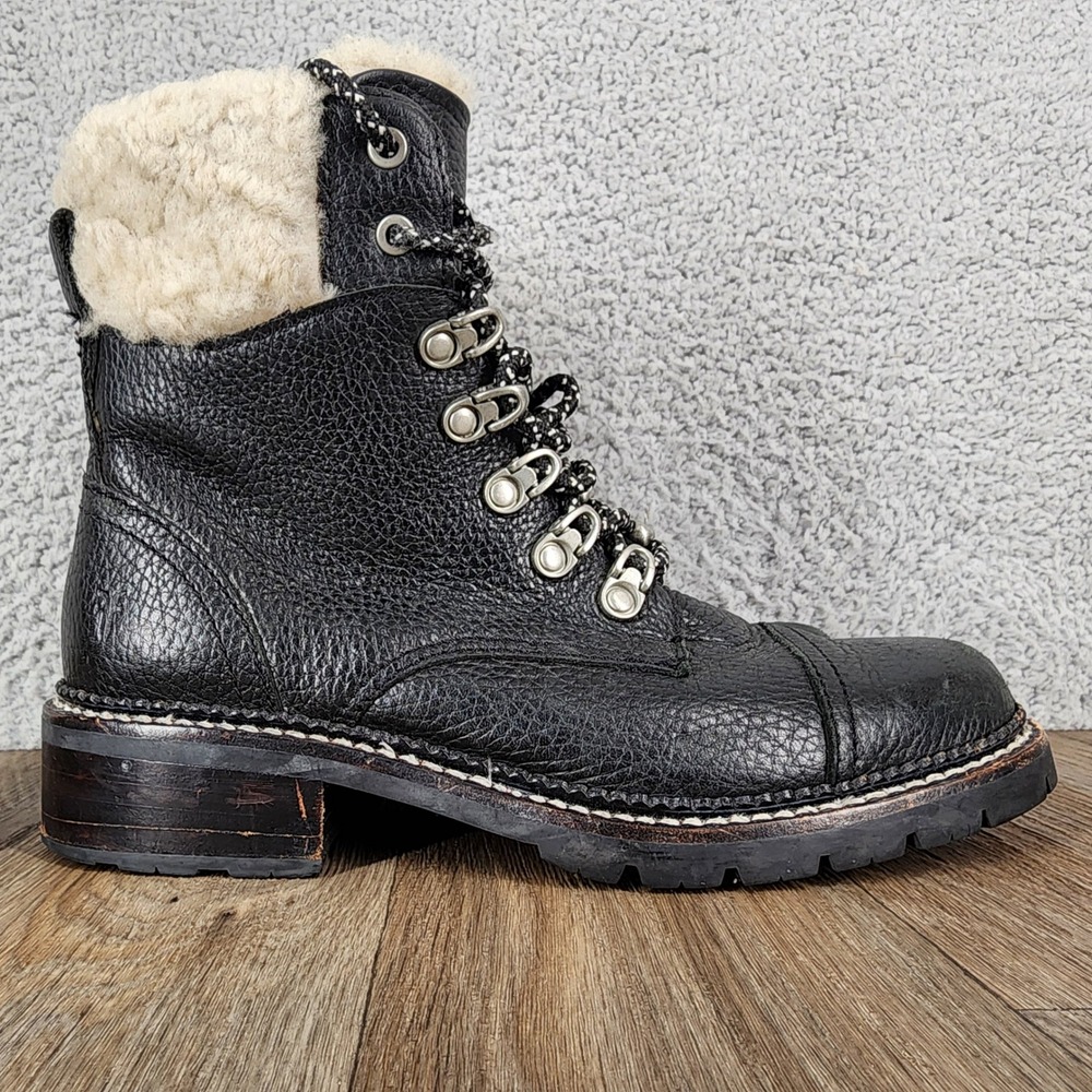 FRYE Black Leather Shearling Lined Lace Up‎ Combat Boots Women Size 6